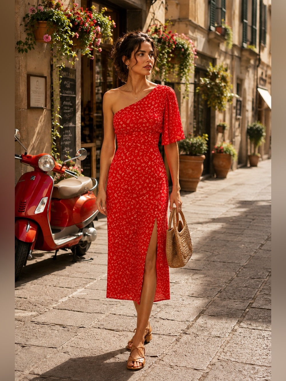 French Connection Vibrant Red Floral One-Shoulder Midi Dress | Size 0